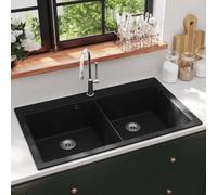 Black Granite Undermount Kitchen Sink with Double Bowls Design for Modern Kitchens Easy to Clean Noise Reduct Heat Resint