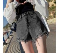 (black gray, 4XL) Comfortable Skinny Fashionable and Versatile Denim Shorts Female Summer High-waisted Thin Hundred with Broken Holes Loose Wide-leg A-line Pants