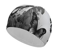 Black Gray Butterflies Bathing Cap High Elasticity Swimming Caps Fit Both Long Hair Short Hair Comfortable Large Shower Cap for Drag Reduction and Hair Protection