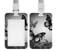 Black Gray Butterflies Id Badge Holder,Name Tag Holder with Detachable Lanyard,Waterproof Design Id Card Holder for Office, Workplace