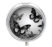 Black Gray Butterflies Pill Box 3 Compartment Portable Round Pill Organizer Leak-Proof Lightweight Daily Compact Travel Pill Case for Vitamins Supplements Medication