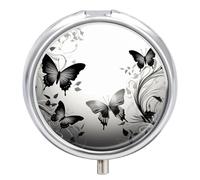 Black Gray Butterflies Pill Box Portable Mini Travel Pill Organizer Holder 3 Compartment Decorative Round Pills Case Exquisite Daily Vitamin Container for Cod Liver Oil