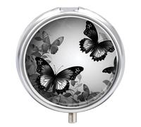 Black Gray Butterflies Pill Box Waterproof Portable Medicine Pill Case Moisture Proof Metal Travel Pill Box with 3 Compartment Medicine Case