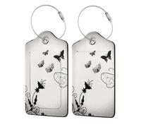Black Gray Butterflies Print Leather Luggage Tags for Suitcases Personalized Travel Bag Luggage Labels with Privacy Cover Double Graphics Design for Easy Identification