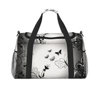 Black Gray Butterflies Print Womens Sports Bags Travel Bag - Gym Tote Bag with Compartment,Duffel Bags for Men,Ladies Holdall,Carry On Weekend Travel Handbags for Women