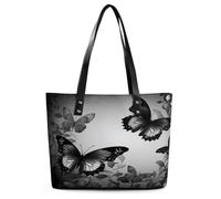 Black Gray Butterflies Tote Bag Large Soft Leather Purse with Zipper Lightweight Ladies Shoulder Handbag
