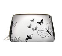 Black Gray Butterflies Zipper Closure Leather Portable Waterproof Cosmetic Bag for Home Travel to Organize Toiletries Sundries