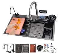 Black Gray Top-Mounted Stainless Steel Kitchen Sink, Large Capacity Waterfall Bar Workstation, Right Drain Outlet, Household Nano Single Bowl, Complete Accessories(Black B,80x45x22cm)