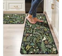 Black Green Botanical Kitchen Rugs Set of 2 Plant Leaf Anti-Fatigue Kitchen Mat Natural Comfort Standing Waterproof PVC Mats 2/5" Thick Leather Carpet for Laundry Office Sink(17.3" x28" + 17.3" x 47")