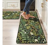 Black Green Botanical Kitchen Rugs Set of 2 Plant Leaf Anti-Fatigue Kitchen Mat Natural Comfort Standing Waterproof PVC Mats 2/5" Thick Leather Carpet for Laundry Office Sink(17.3" x28" + 17.3" x 47")