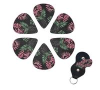 Black green leaves Guitar Picks 6 Pack, 0.96mm Thickness Celluloid Bass Pick with Leather Guitar Pick Holder Keychain Abstract Art Pics Plectrum for Acoustic Electric Guitar, Ukulele, Bass