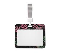 Black Green Leaves ID Badge Holder with Lanyard ID Card Holders Waterproof Plastic Name Card Case Sliding ID Protector Pouch Name Tag Holders for Office Work Business
