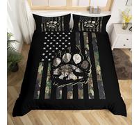 (Black Green, Single(No Comforter)) Homewish Hunting Bear Deer Comforter Cover Army Green Camo American Flag Bedding Set Double For Kids Boys Teen Men,Woodland Hunting Theme Duvet Cover
