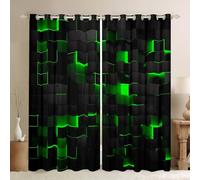 Black Green Window Curtains 2 Panel Sets 52x63 Geometric Check Grid Blackout Curtains for Bedroom Living Room,Stereoscopic Abstract Square Window Treatments Drapes Neon Plaid Decor