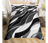Black Grey Duvet Cover Set Double Size, Abstract Wavy Stripe Circle Comforter Cover with 2 Pillowcases, Modern Geometric Bedding Set 3pcs for Kids Boys Bedroom Decor Lightweight Bedspread Cover