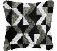 Black & Grey Geometry Latch Hook Kits Pillow DIY Rug Crochet Hook Cushion Making Kits Preprinted Pattern Canvas DIY Handmade Rug Pillow Hooking Kits for Home Decor 43x43cm (G95)