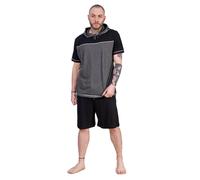 (Black/Grey, M) Mens Short Pyjama Set 100% Cotton Soft Jersey Hooded Top Loungewear Set