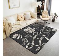 Black Grey Movie Theater Area Rug for Bedside,Vintage Film Themed Rug 100x150cm for Bedside,Retro Cinema Living Room Rugs Non Slip,Popcorn Projector Accent Rug Set Non Shedding
