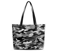 Black Grey White Camo Tote Bag Large Soft Leather Purse with Zipper Lightweight Ladies Shoulder Handbag