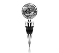 Black Grey White Mosaic Graffiti Patchwork Indian, Turkish Motifs Custom Wine Bottle Stopper, Reusable Zinc Alloy Wine Bottle Stopper, Detachable Bottle Stopper for Home Party 1.4 x 4.948 inch