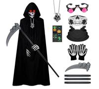 Black Grim Reaper Costume, 7PCS Scary Halloween Costume Set with Black Hoode Cloak, Skeleton Gloves, Skull Facewear, Grim Reaper Scythe Scary Halloween Costumes Accessories for Adult Cosplay Party