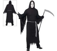 Black Grim Reaper Costume + White Mask Mens Halloween Ghost Fancy Dress