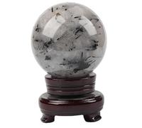 Black Hair Crystal Tourmaline Ball Quartz with Stand Specimens Polished Stone Sphere Sculpture Home Office Decoration,5~6cm