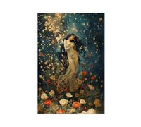 Black Hair Woman Gold Leaf Roses Poppies Teal Confetti Canvas Poster for Office Decor Gift