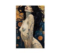 Black Hair Woman Line Patterns Golden Teal Background Canvas Poster for Bedroom Decor Gift