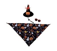Black Halloween Pet Bandana with Pumpkin Print and Matching Hat | A triangular black bandana carries an all-over Halloween print, and the coordinating small pointed hat completes the festi