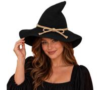 Black Halloween Witch Hat Ivory Yarn Rope Band Tall Crown Themed Headwear | Wide Brim Knitted Texture Pointed Tip Witch Hat for Women Fancy Dress Party Cosplay Convention City Festival World Book Day