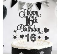 Black Happy 16th Birthday Cake Decorations, Glitter 16th Birthday Cake Toppers Set and Numeral 16 Candles for Birthday Party Supplies, Heart Star Cupcake Decorations