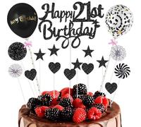 Black Happy 21st Birthday Cake Topper, 21st Birthday Cake Decoration Set, HSC 17PSC Black White Glitter Paper CupcakeToppers with Star Heart Paper Fan Balloon for 21 Years Old Party Decor