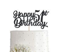 Black Happy 51st Birthday Cake Topper, Black Glitter Cheers To 51 Years Party Cakes Decorations, Supply