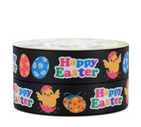 Black Happy Easter Easter Ribbon 2m x 22mm - Bunny & Chick Themed Pastel Decorative Ribbon - Spring Craft Ribbon for Gift Wrapping, Wreath Making, Easter Baskets, Cards & DIY Decorations