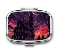Black Haunted House Pill Box 2 Compartment Portable Travel Pill Case with Mirror Square Metal Medicines Storage Container Pocket Medicine Box to Hold Vitamins Fish Oil