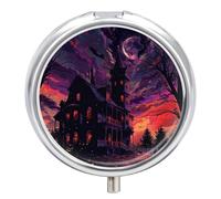 Black Haunted House Pill Box 3 Compartment Portable Travel Pill Case with Mirror Round Metal Medicines Storage Container Pocket Medicine Box to Hold Vitamins Fish Oil