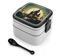 Black Haunted Mansion Bento Box with Spoon & Handle - 2 Compartment Leak-Proof Stackable Lunch Box for Adults, BPA-Free Reusable Food Containers for Work, Travel, Picnic