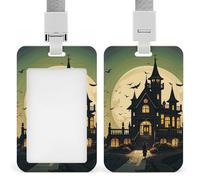Black Haunted Mansion ID Badge Holder with Lanyard Vertical Badge Reel Clip Durable Clear Window Name Tag ABS Plastic Push-Pull Design ID Card Holder for Office, Nurses, Employees