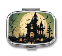 Black Haunted Mansion Pill Box 2 Compartment - Small Metal Medicine Organizer Portable Pill Case for Purse Pocket Travel Vitamin Organizer for Men Women, BPA-Free