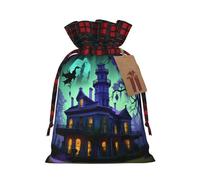Black Haunted Mansion Print Christmas Drawstring Gift Bag Xmas Bags Festive Plaid Design Presents Packaging
