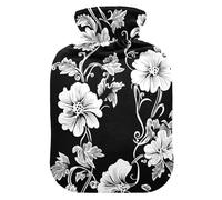 Black HDrawn Flowers hot Water Bottles with Soft Cover, 1L hot compresses for The Body for Hand Feet Warmer