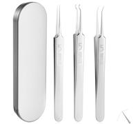 Black Head Tweezers,3 Pcs Blackhead Remover Comedone Extractor Tool Face Black Head Needle Curved Tip Acne Tweezers Kit with Metal Box Stainless Pimple Removal Tools Kit for Facial Nose Unisex