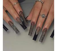 Black Heart and Vine Design Long Square False Nails - Smoke Grey Ombre with Silver Bead Edging for Women, Party, Wedding and Daily Wear, Glossy Black Tips, 24 Pack Press On Nails Kit