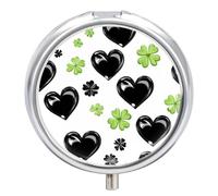 Black Hearts St. Patrick Clovers Round Pill Box Organiser 3 Compartment Medicine Case