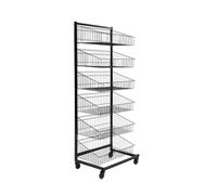 Black Heavy Duty 6-Tier Mobile Wire Basket Display Stand - Steel Storage Rack with Sloped Baskets & Lockable Castors - Retail Display Unit Flat-Packed for Easy Assembly