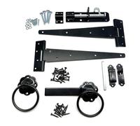 Black Heavy Duty Garden Gate Hinge Pack. 2X 12 Tee Hinges, Ring Latch, Padbolt & All Fixings. Hanging Kit for Garden Gates and Doors. Corrosion and Weather Resistant Hinge Set.