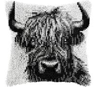 Black Highland Cow Latch Hook Kits Pillow for Adults Throw Pillow Pre-Printed Patterns Pillowcase Needlework Crochet Yarns Latch Hooking Cushion for Sofa Decor 17x17inch(y153)