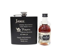 Black Hip Flask & Miniature Alcohol - Pirate Rum Design (Black Spiced Rum/No Gift Box) 40% vol