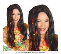 Black Hippie Wig With Braids & Beads Ladies 60s Hippy Fancy Dress Accessory